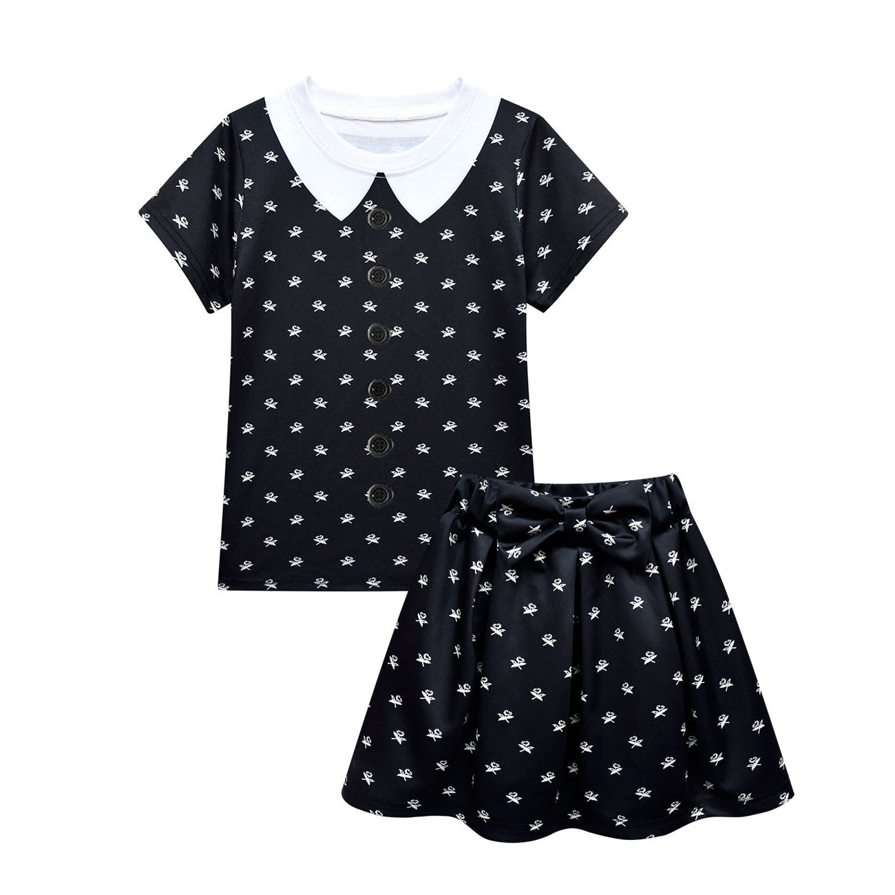 New Childrens Suit Dress Adams Family Girls  Short Sleeved Short Skirt Bag Three  Piece Set