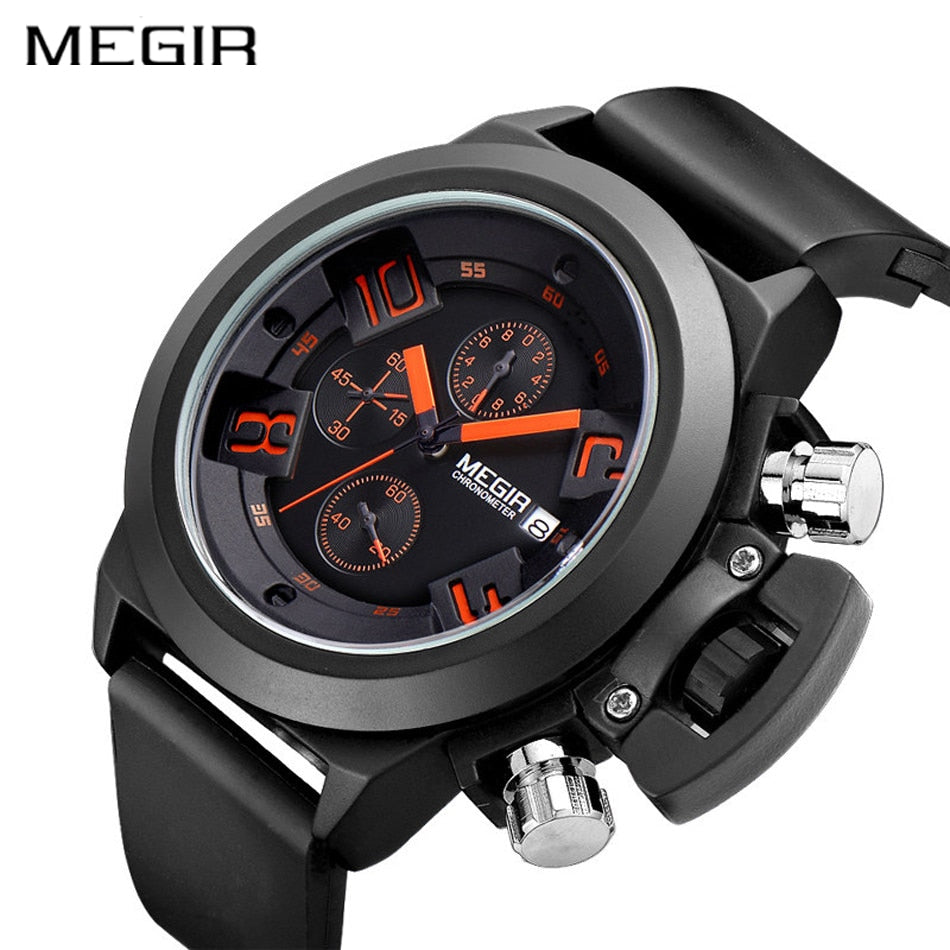 MEGIR Men's Casual Quartz Watch 3D Engraved Dial Black Silicone watches men Waterproof Military Sport Watch