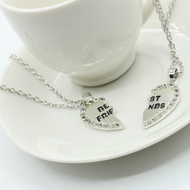 2 Pcs BFF Necklace Women Crystal Heart Pendant Best Friend Letter Necklace