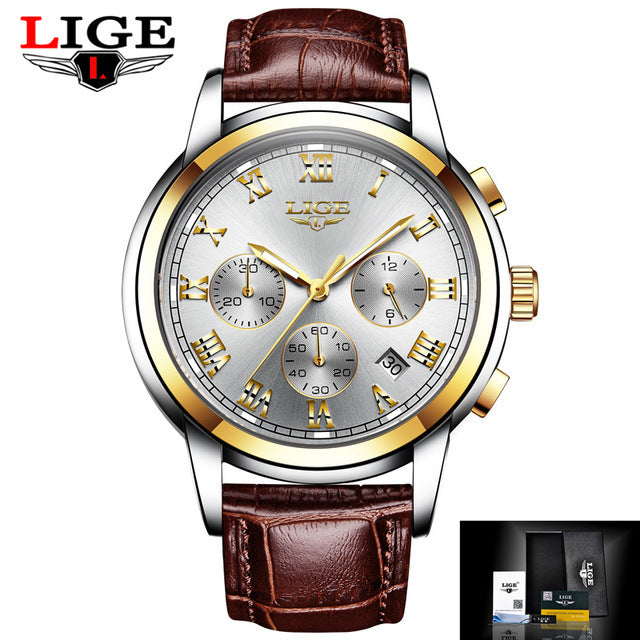 Lige Casual Fashion Trend Business Waterproof Belt Watch Men's Multi-Function Luminous Watch