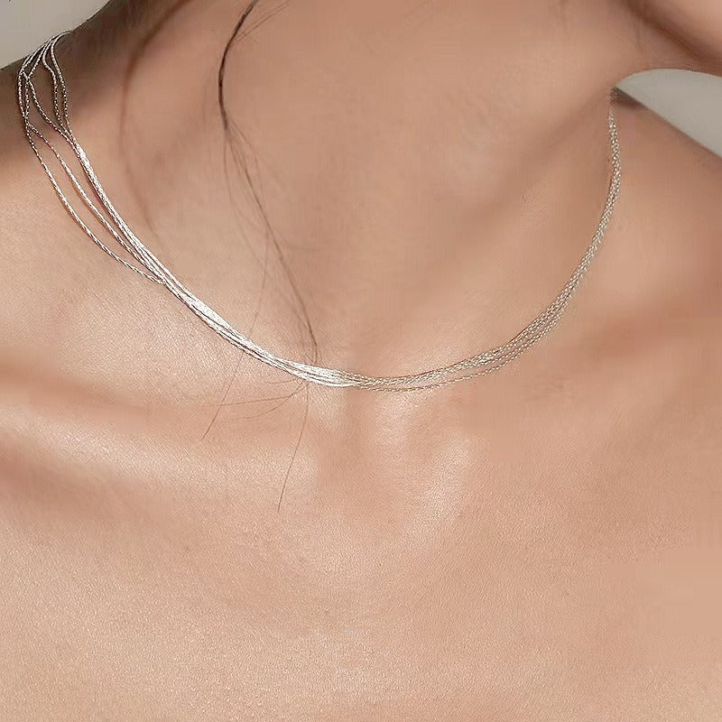 Niche Design S925 Sterling Silver Luster Sense Vintage Fine Silk Satin Multi-Layer Necklace Clasp Chain Silver Jewelry