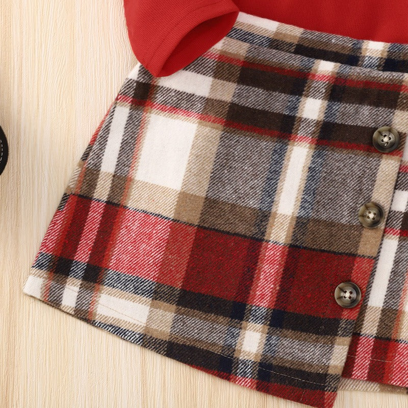 Red Long Sleeved Mid Autumn Children's Autumn Dress Tartan Suit