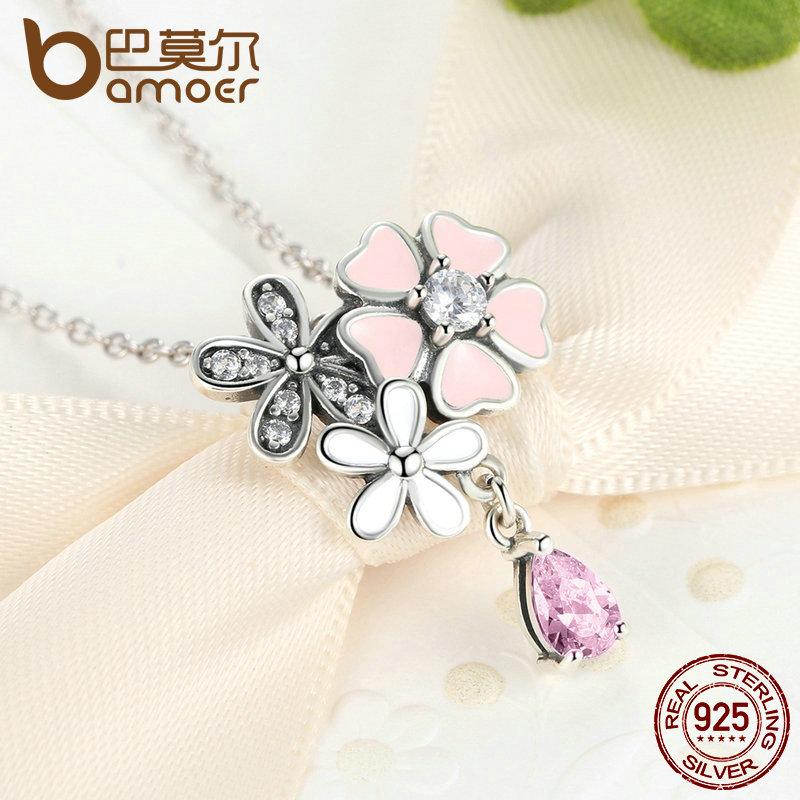 BAMOER 925 Sterling Silver Pink Heart Blossom Cherry Flower 45CM Pendants Necklaces SCN046