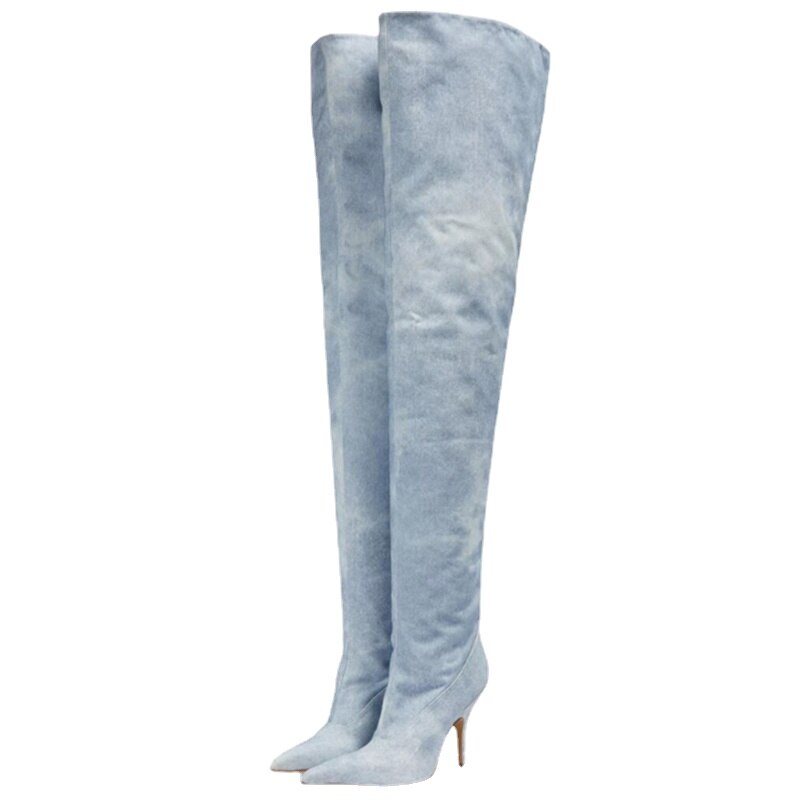 Processing Time:7-15 days after placing orders European and American Brand Catwalk Boots Women's Summer Fashion Sexy Thin High Heel Elastic Denim Knee Sleeve Boots