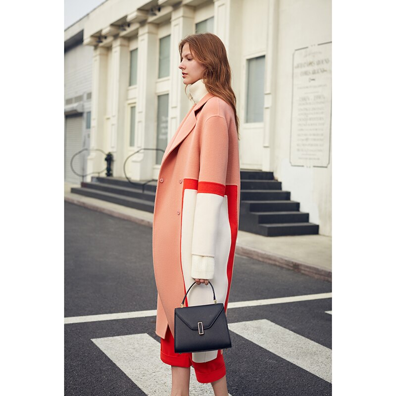 Show High Stitching Collision Color Niche Design Sense Double-Sided Wool Long Coat Female Winter