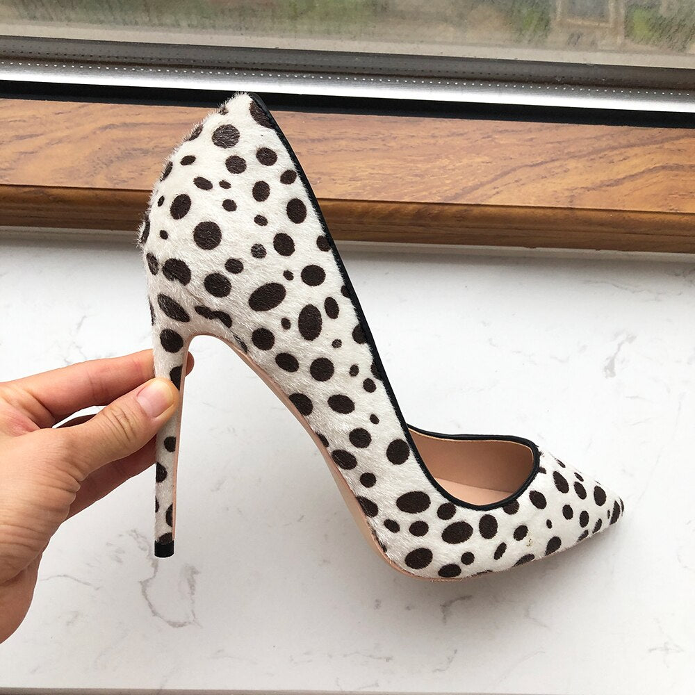 Tikicup Polka Dot Print Women Flock Pointy Toe High Heel Shoes Sexy Spotted Patten Stiletto Pumps White Large Size 43 44 45