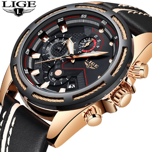 LIGE Watch Men Sport Quartz Clock Leather Mens Watches Top Brand Luxury Gold Waterproof Business Watch