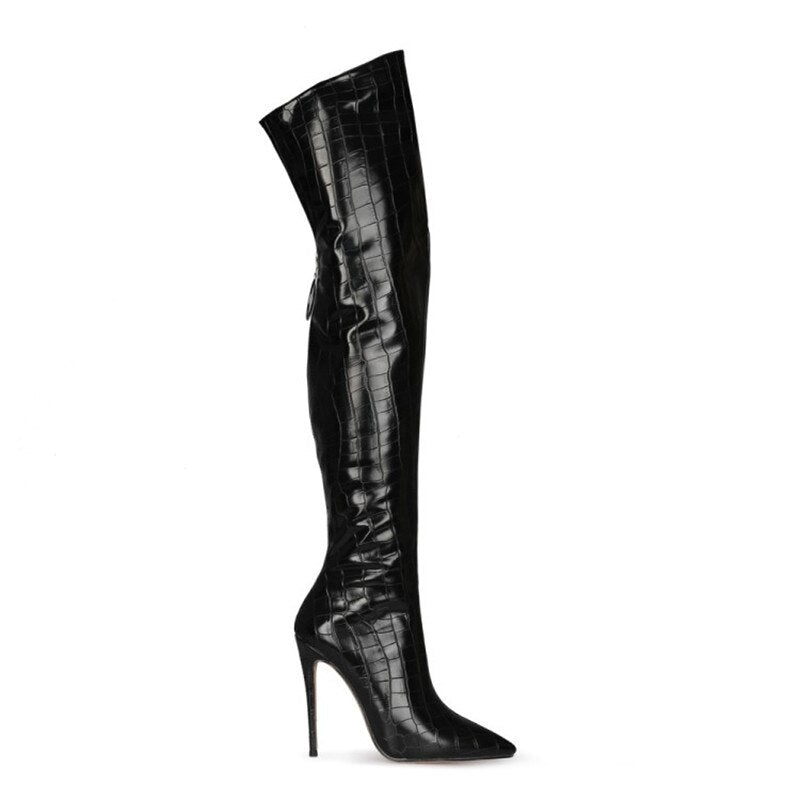 Mstacchi Back Zipper Women Over The Knee Boots Sexy Plaid Stripes Thin Heel Party Stiletto Pointed Toe High Heel Women Boots