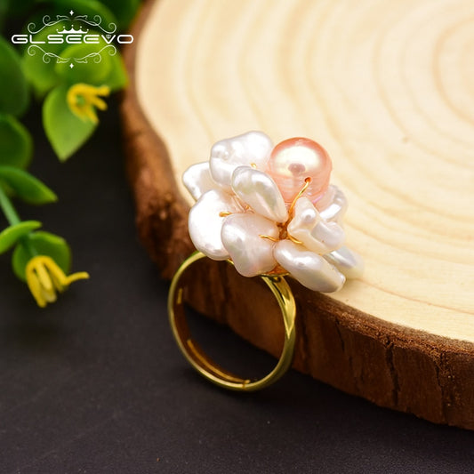 GLSEEVO 925 Sterling Silver Natural Fresh Water Baroque Pink Pearl Flower Adjustable Ring For Women Wedding Jewelry