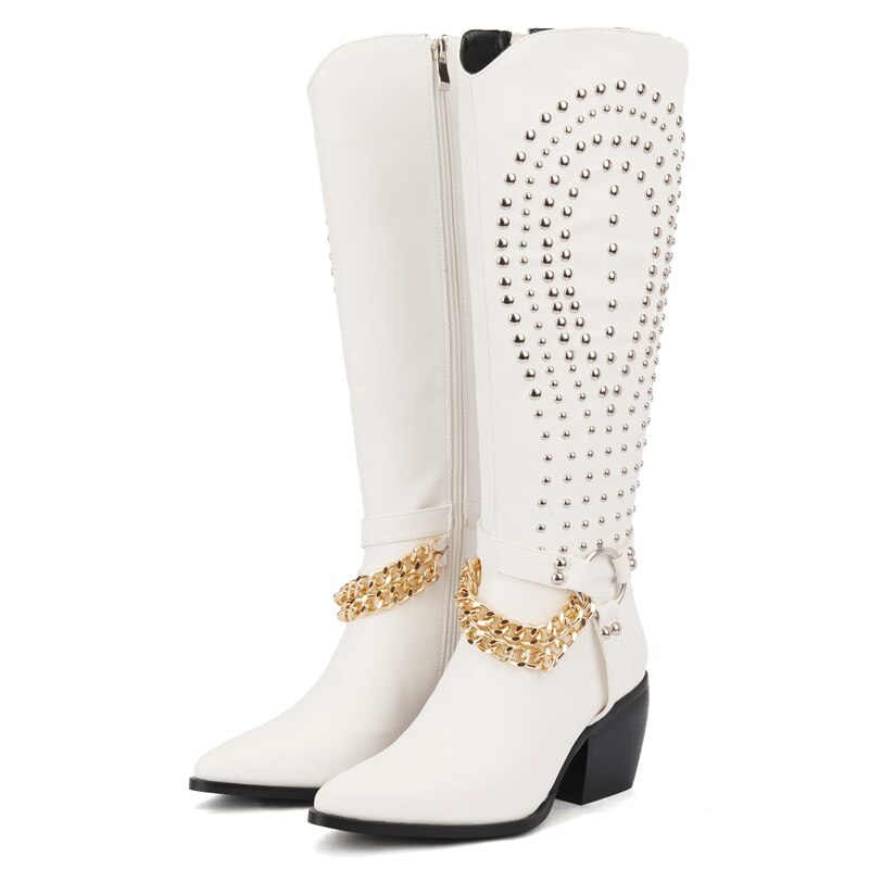 Show Chain Pointy Toe Thick Heel Side Zipper Paris Show Synchronized Boots Metal Rivet Motorcycle Boots