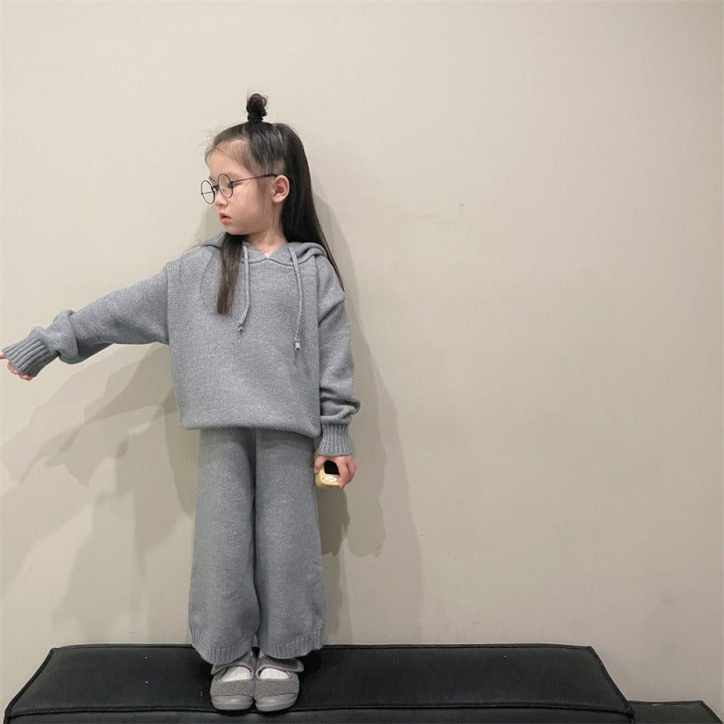 Small And Medium-Sized Children's Korean Children's Sweater Suit Winter Boys And Girls' Thick Hooded Knitting Two-Piece Set