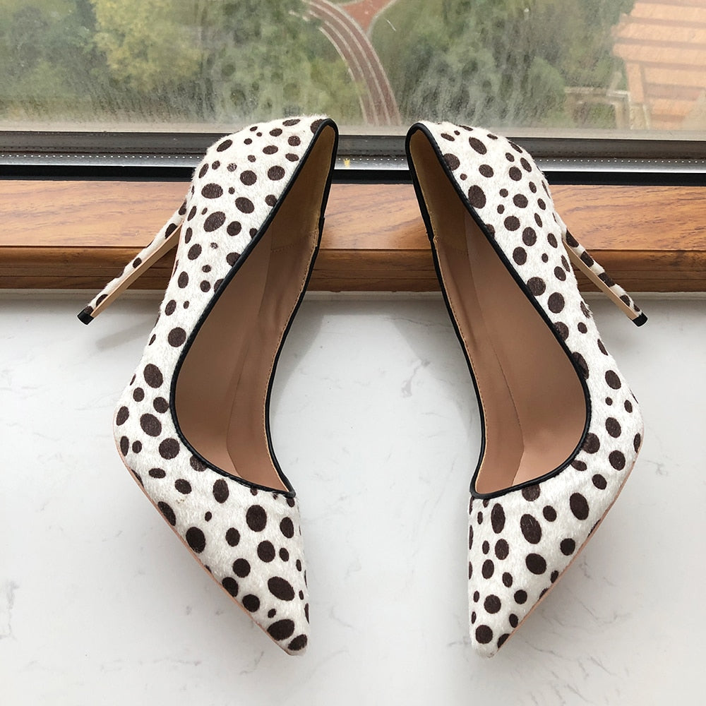 Tikicup Polka Dot Print Women Flock Pointy Toe High Heel Shoes Sexy Spotted Patten Stiletto Pumps White Large Size 43 44 45