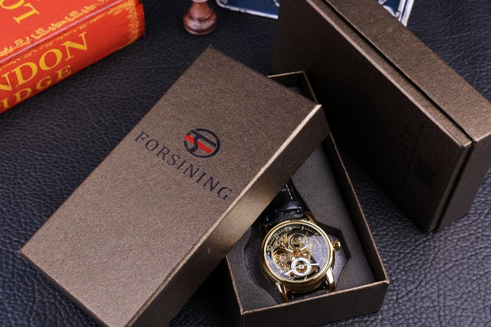 Forsining Hollow Engraving Skeleton Casual Designer Black Golden Case Gear Bezel Watches Men Luxury Brand Automatic Watches