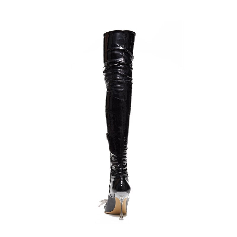 Ladies Rhinestone Knot Pointed Toe Over Knee Boots New Fall Super High Heel and Thigh Boots Side Zipper Sexy Boots