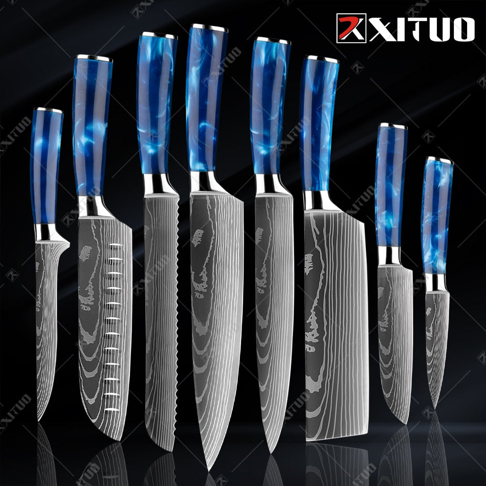 XITUO kitchen knives Set Exquisite blue resin handle Laser Damascus pattern Chef knife Santoku Cleaver Slicing Knives Best Gift