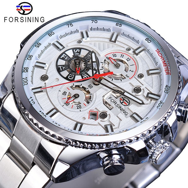 Forsining Three Dial Calendar Stainless Steel Men Mechanical Automatic Wrist Watches Top Brand Luxury Military Sport Male Clock