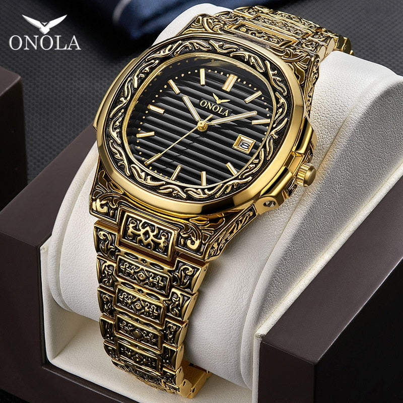 Fashion quartz watch men Brand ONOLA luxury Retro golden stainless steel watch men gold mens watch reloj hombre