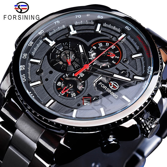 Forsining Three Dial Calendar Stainless Steel Men Mechanical Automatic Wrist Watches Top Brand Luxury Military Sport Male Clock