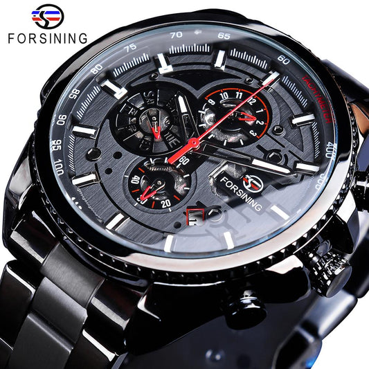 Forsining Three Dial Calendar Stainless Steel Men Mechanical Automatic Wrist Watches Top Brand Luxury Military Sport Male Clock