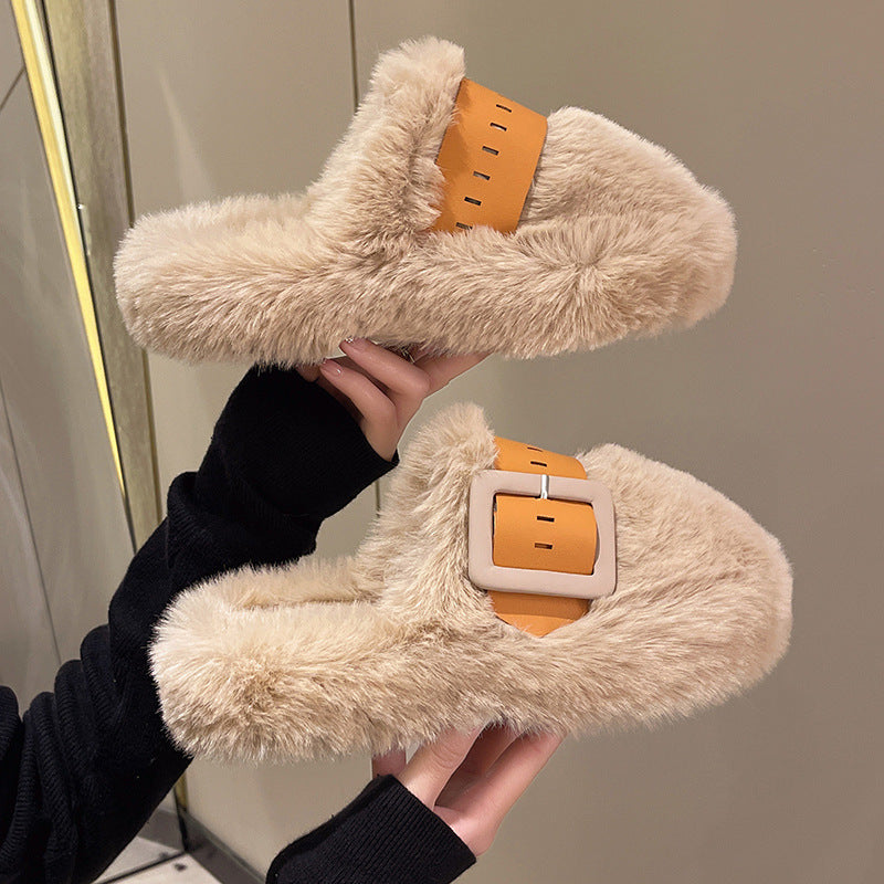 Women's Fashion Simple Thick Bottom Toe Cap Fluffy Slippers