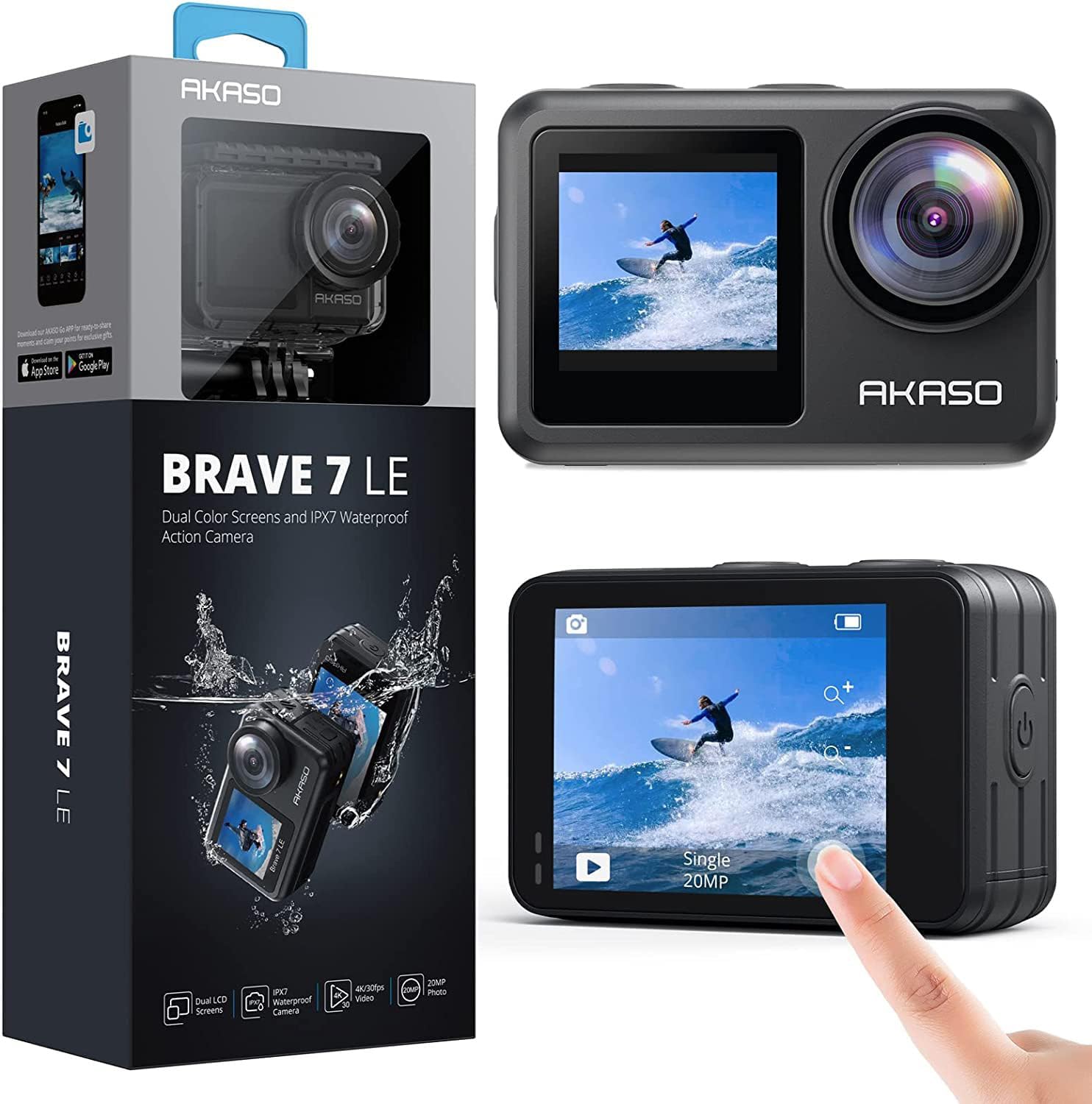 AKASO Brave 7 LE 4K30FPS 20MP WiFi Action Camera with Touch Screen EIS 20 Zoom Remote Control 131 Feet Underwater Camera with 2X 1350mAh Batteries Support External Microphone Vlog Camera