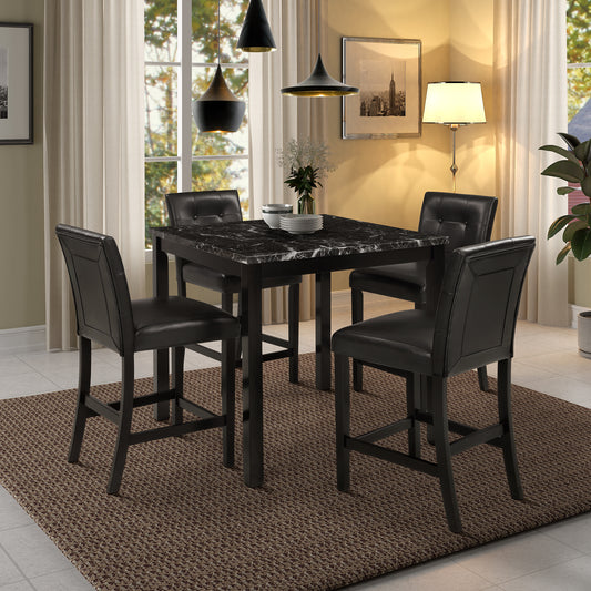 5-Piece Kitchen Table Set Marble Top Counter Height Dining Table Set with 4 Leather-Upholstered Chairs (Black)