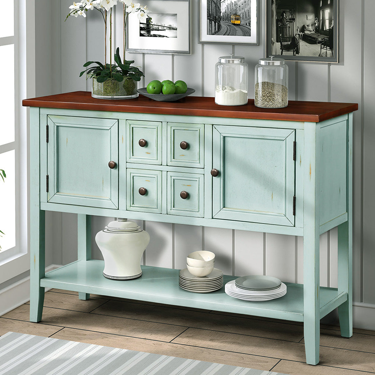 Cambridge Series Buffet Sideboard Console Table with Bottom Shelf (Retro Blue)