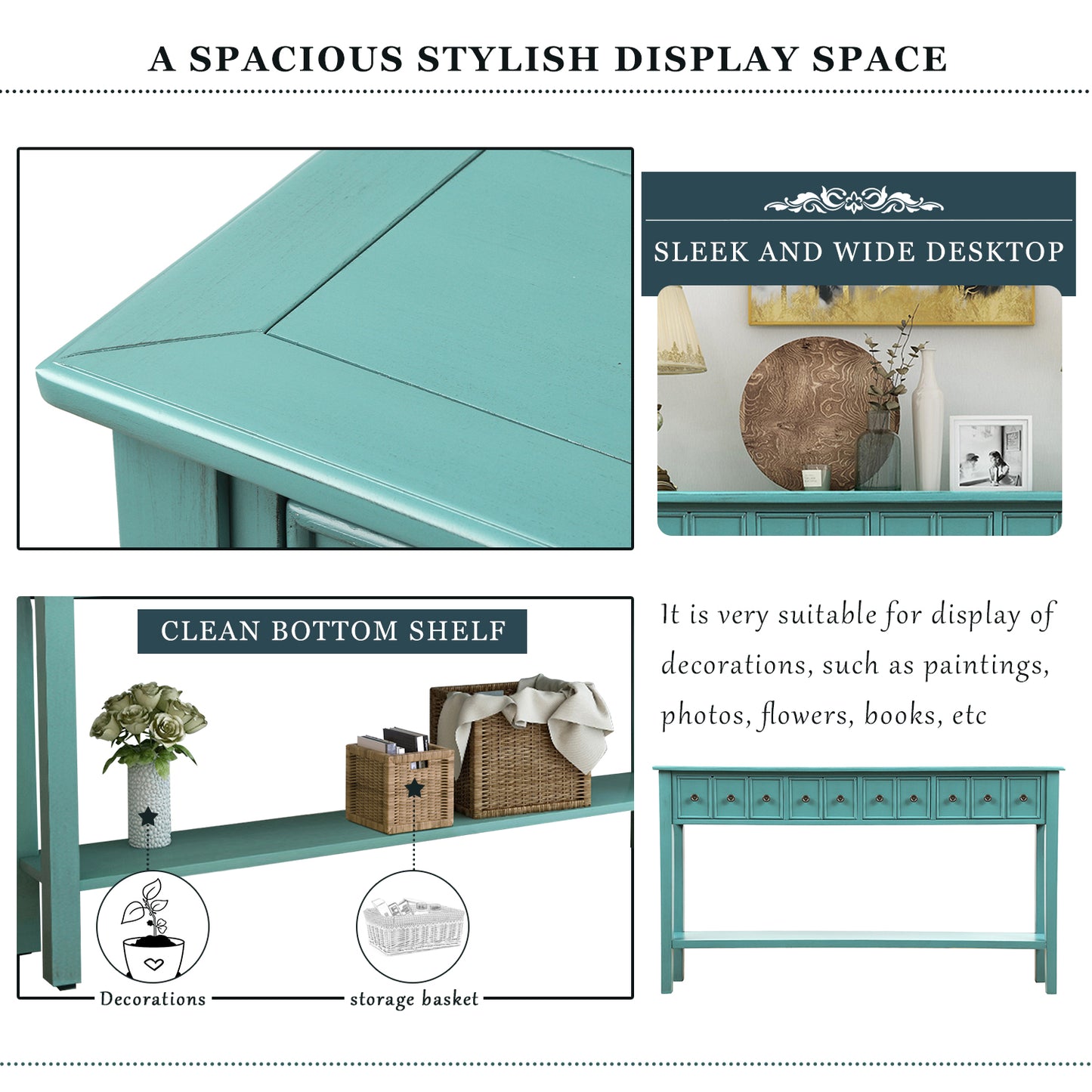 Rustic Entryway Console Table,  Long Sofa Table with two Different Size Drawers and Bottom Shelf for Storage (Blue)