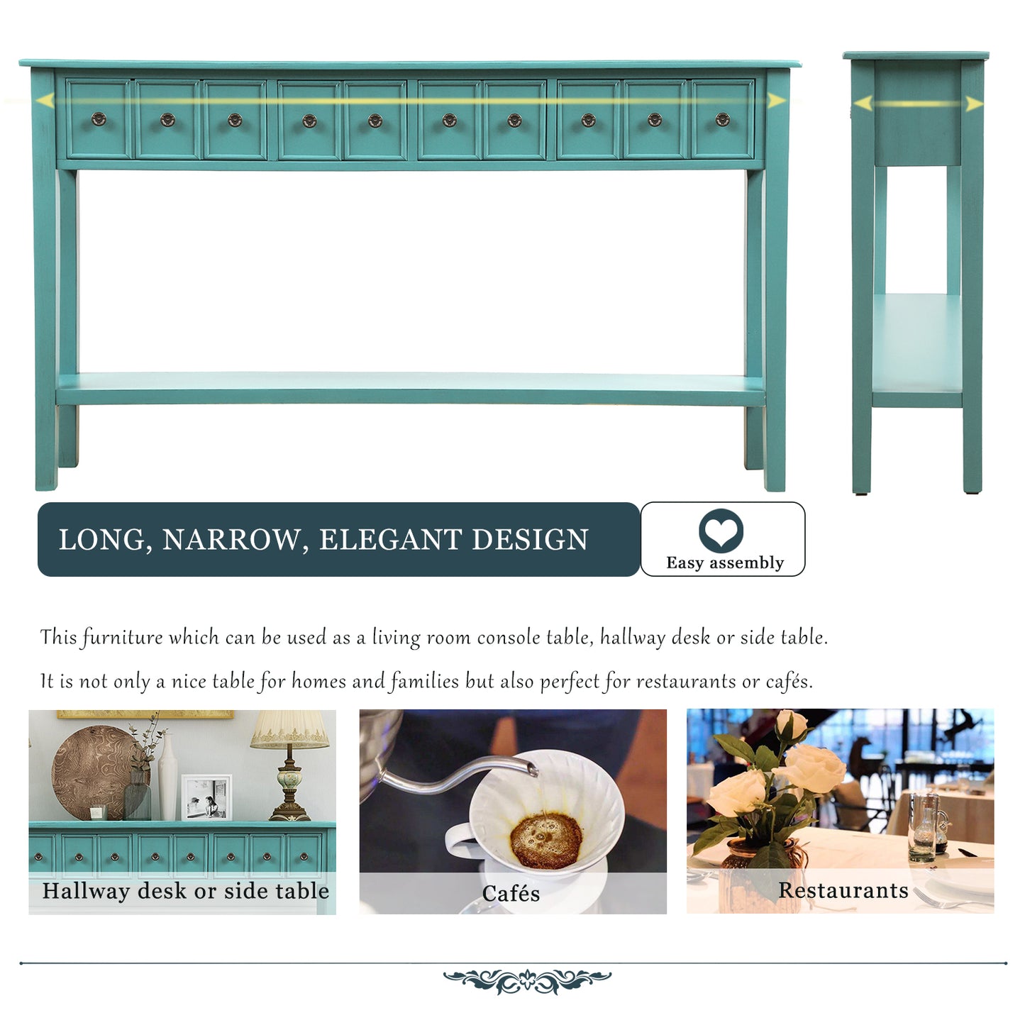 Rustic Entryway Console Table,  Long Sofa Table with two Different Size Drawers and Bottom Shelf for Storage (Blue)