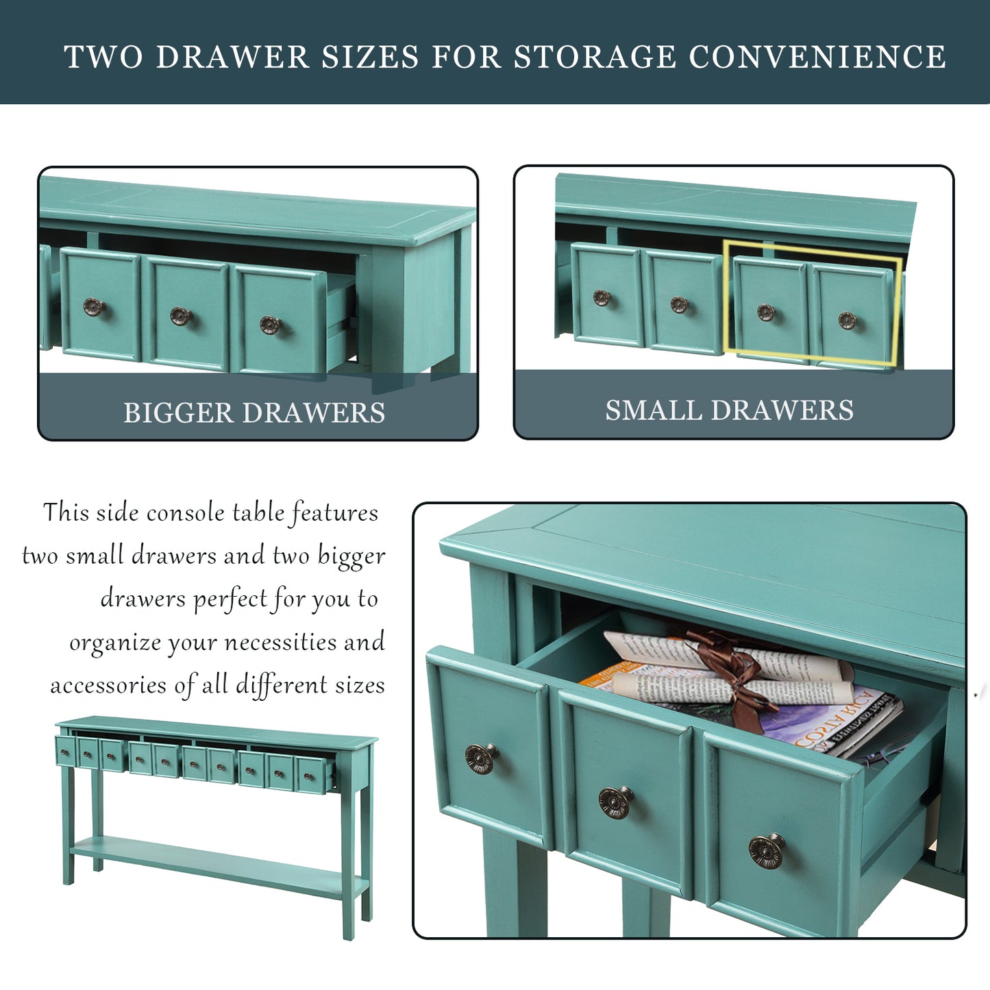 Rustic Entryway Console Table,  Long Sofa Table with two Different Size Drawers and Bottom Shelf for Storage (Blue)