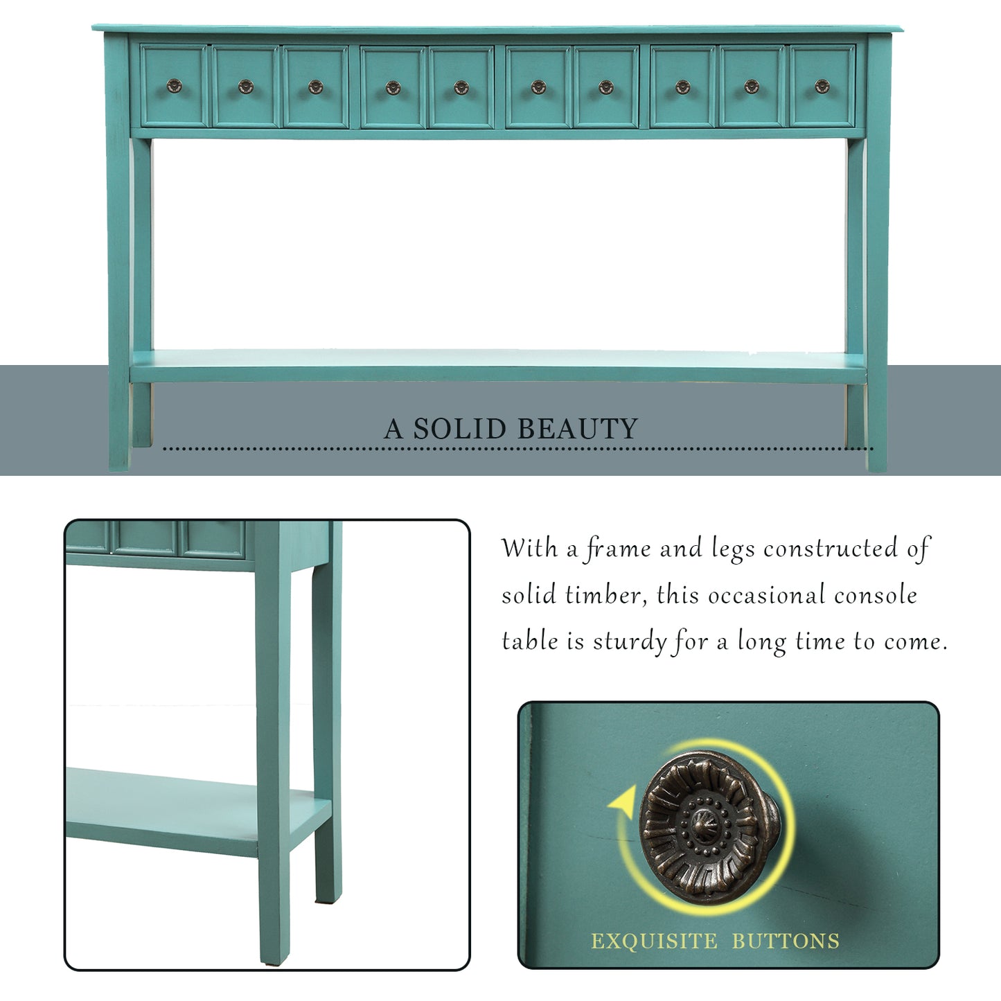 Rustic Entryway Console Table,  Long Sofa Table with two Different Size Drawers and Bottom Shelf for Storage (Blue)