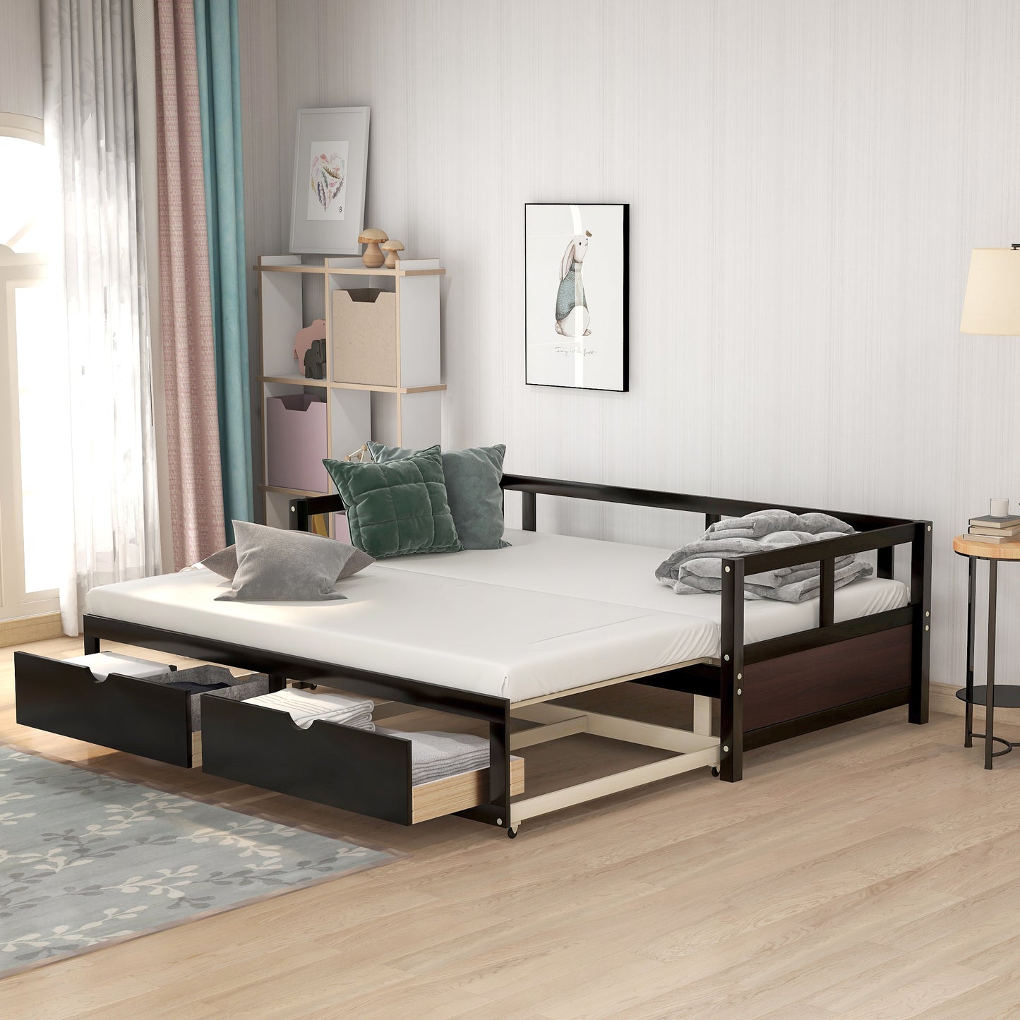 Wooden Daybed with Trundle Bed and Two Storage Drawers ,Extendable Bed Daybed,Sofa Bed for Bedroom Living Room,Espresso（old  SKU:P000063AAP ）