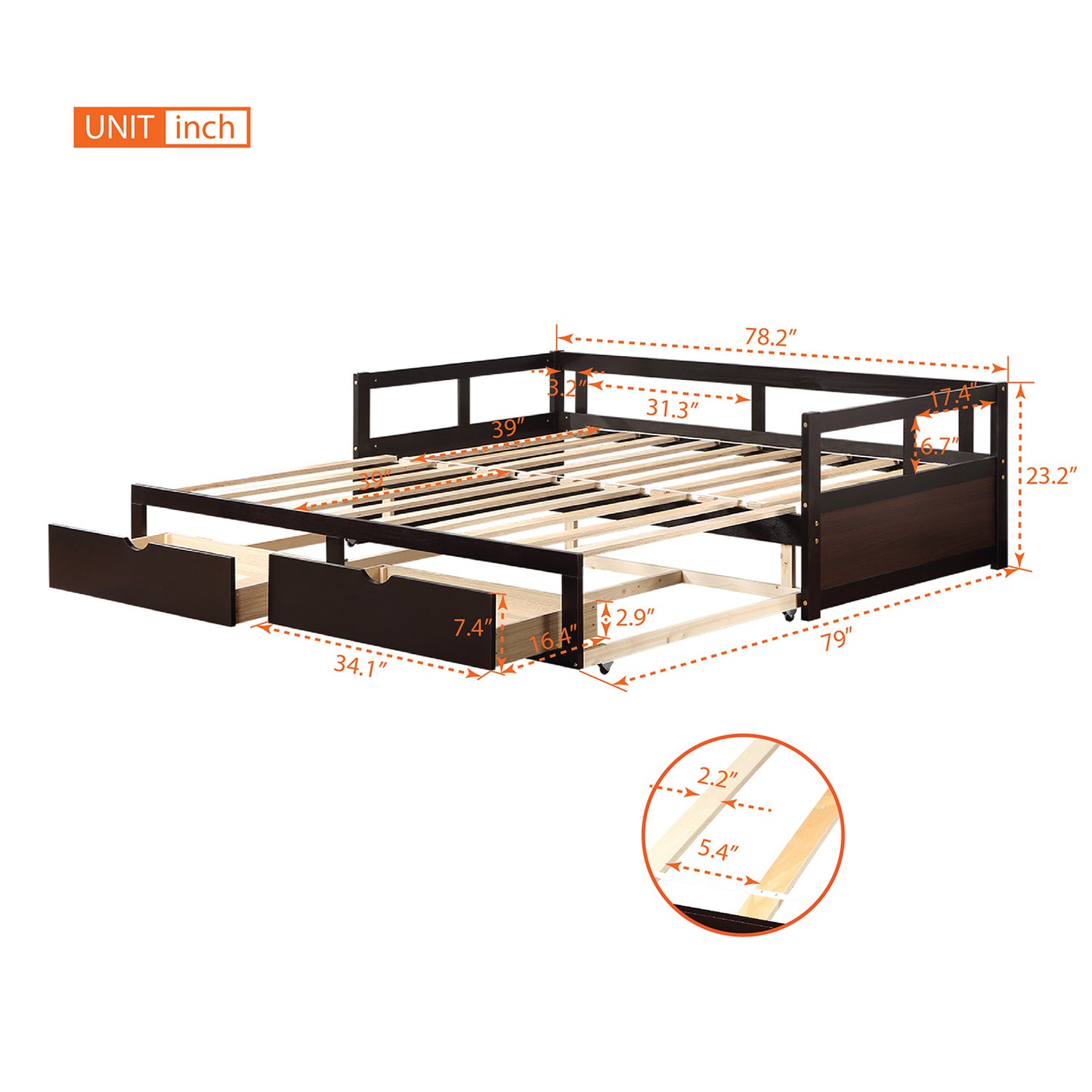 Wooden Daybed with Trundle Bed and Two Storage Drawers ,Extendable Bed Daybed,Sofa Bed for Bedroom Living Room,Espresso（old  SKU:P000063AAP ）