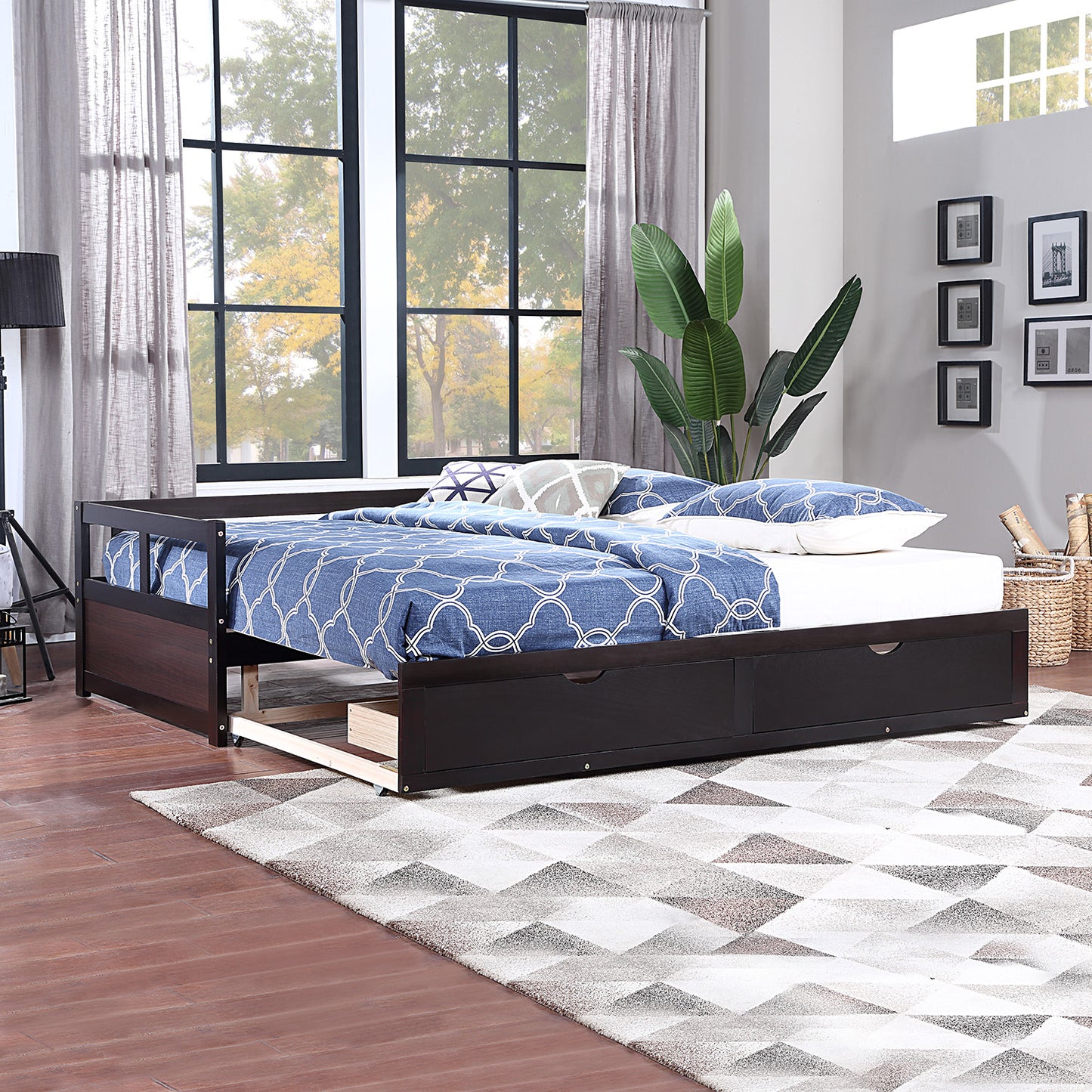 Wooden Daybed with Trundle Bed and Two Storage Drawers ,Extendable Bed Daybed,Sofa Bed for Bedroom Living Room,Espresso（old  SKU:P000063AAP ）