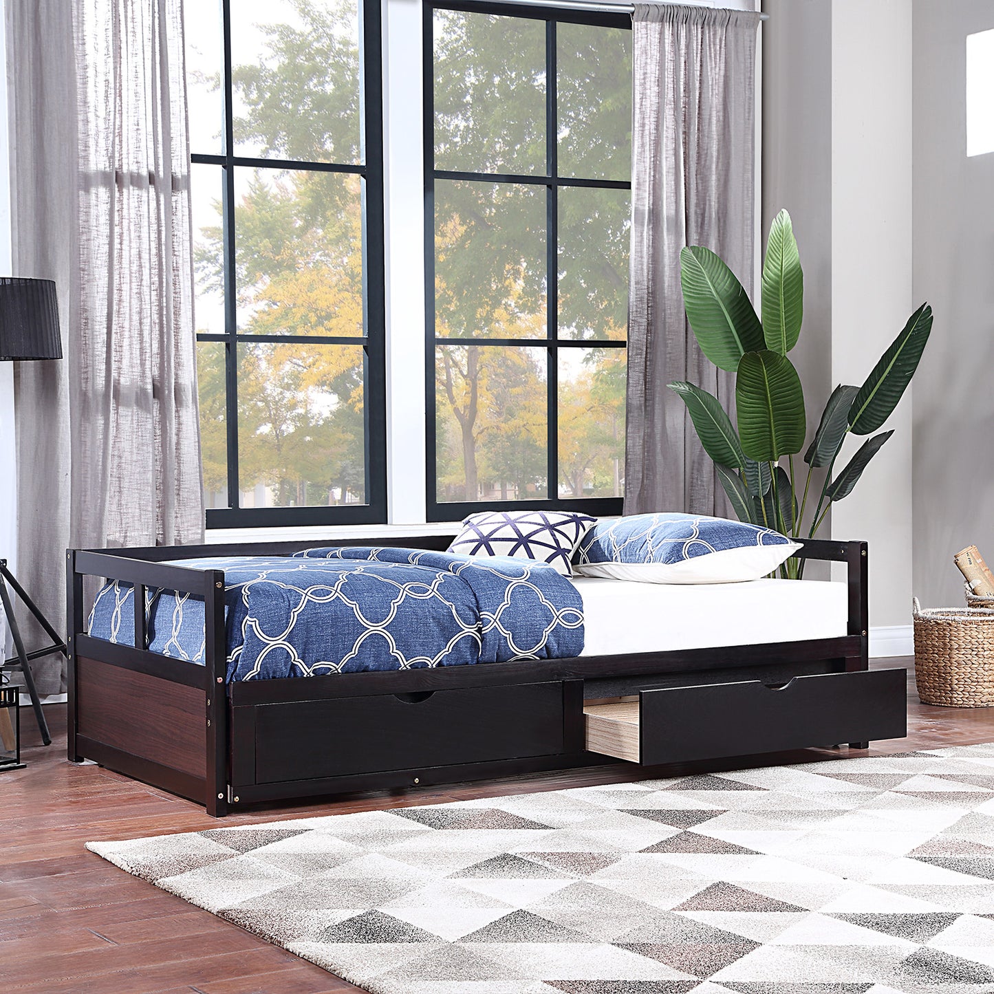 Wooden Daybed with Trundle Bed and Two Storage Drawers ,Extendable Bed Daybed,Sofa Bed for Bedroom Living Room,Espresso（old  SKU:P000063AAP ）