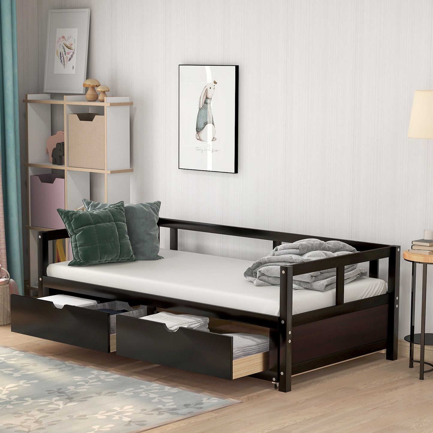 Wooden Daybed with Trundle Bed and Two Storage Drawers ,Extendable Bed Daybed,Sofa Bed for Bedroom Living Room,Espresso（old  SKU:P000063AAP ）