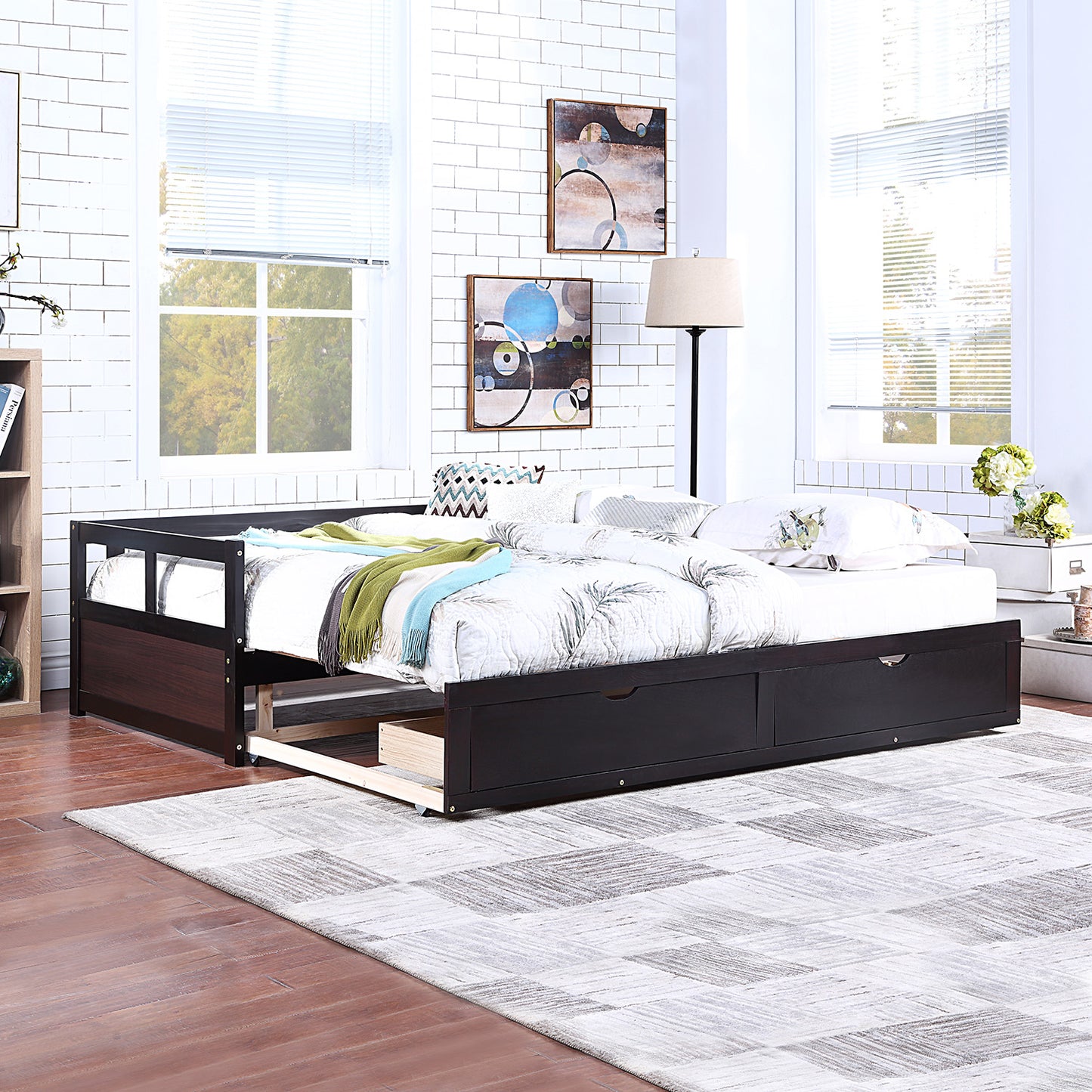 Wooden Daybed with Trundle Bed and Two Storage Drawers ,Extendable Bed Daybed,Sofa Bed for Bedroom Living Room,Espresso（old  SKU:P000063AAP ）