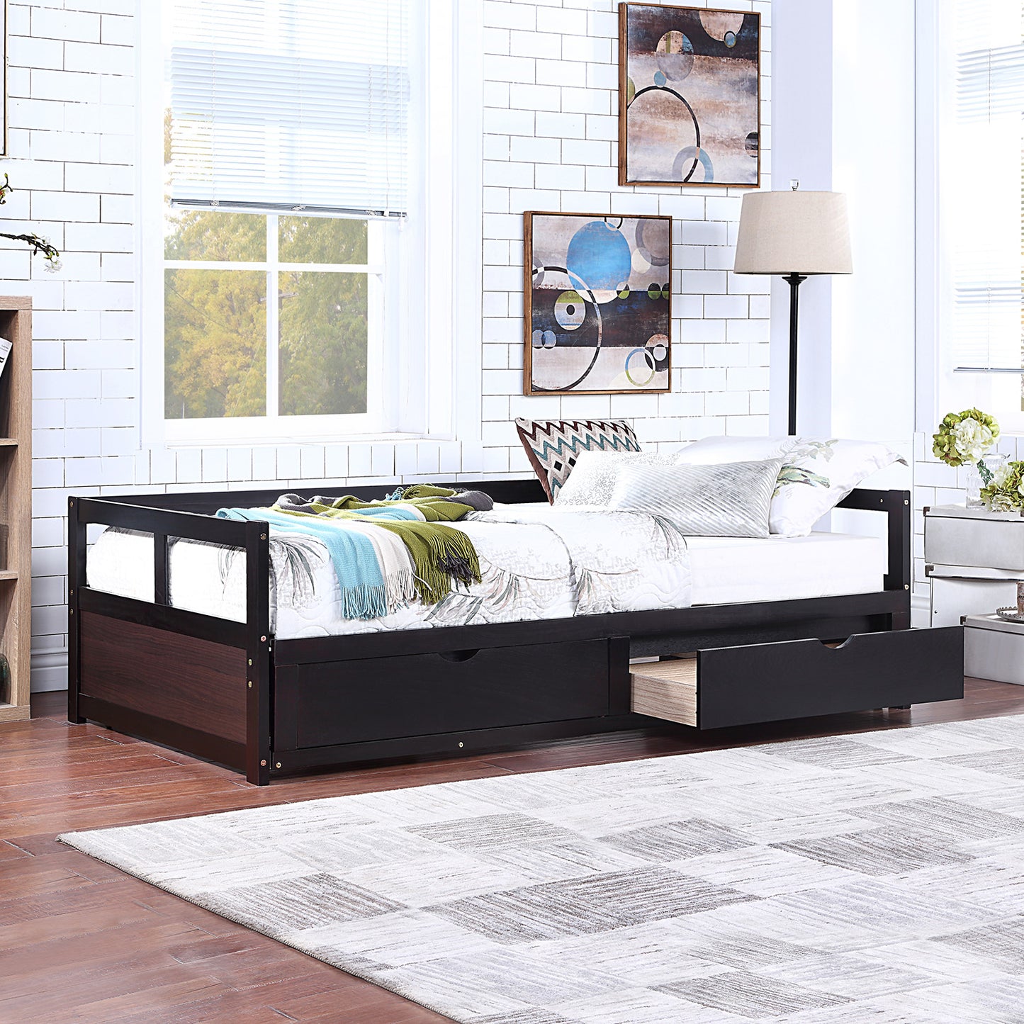 Wooden Daybed with Trundle Bed and Two Storage Drawers ,Extendable Bed Daybed,Sofa Bed for Bedroom Living Room,Espresso（old  SKU:P000063AAP ）