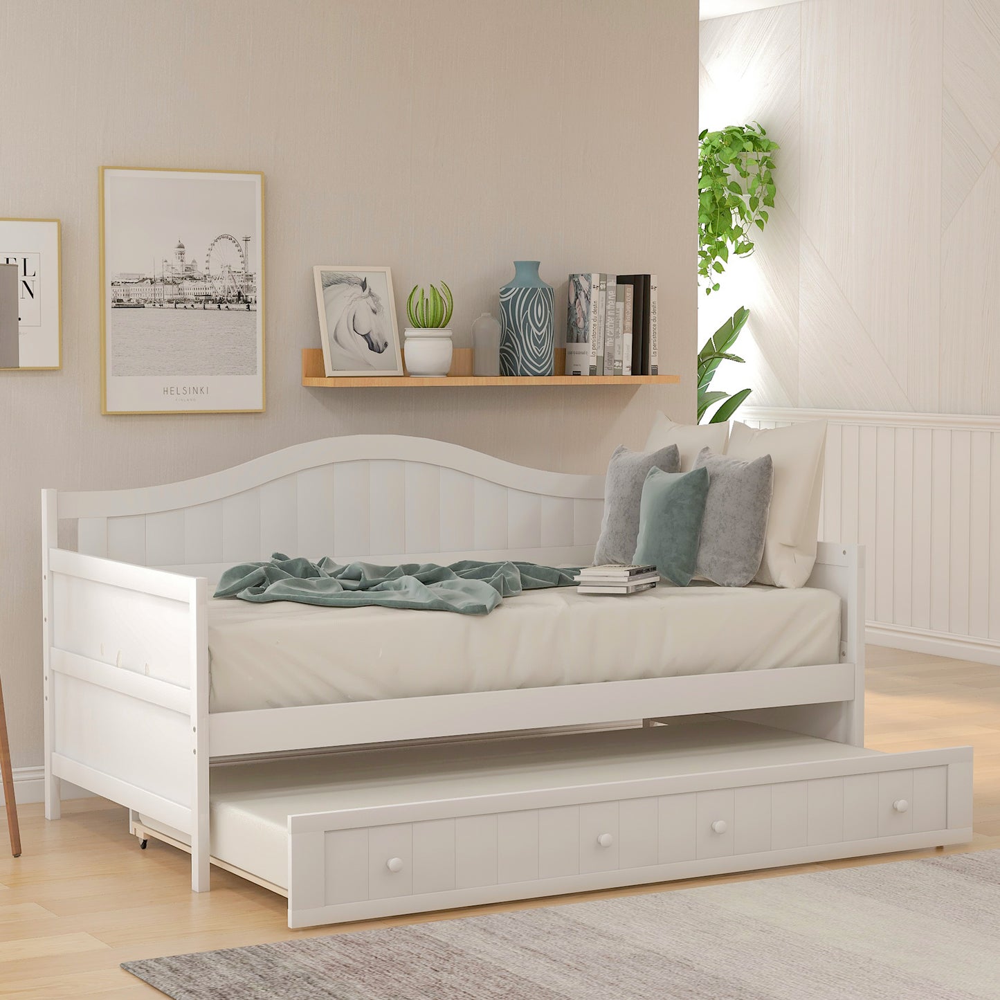 Twin Wooden Daybed with Trundle Bed,Sofa Bed for Bedroom Living Room,White