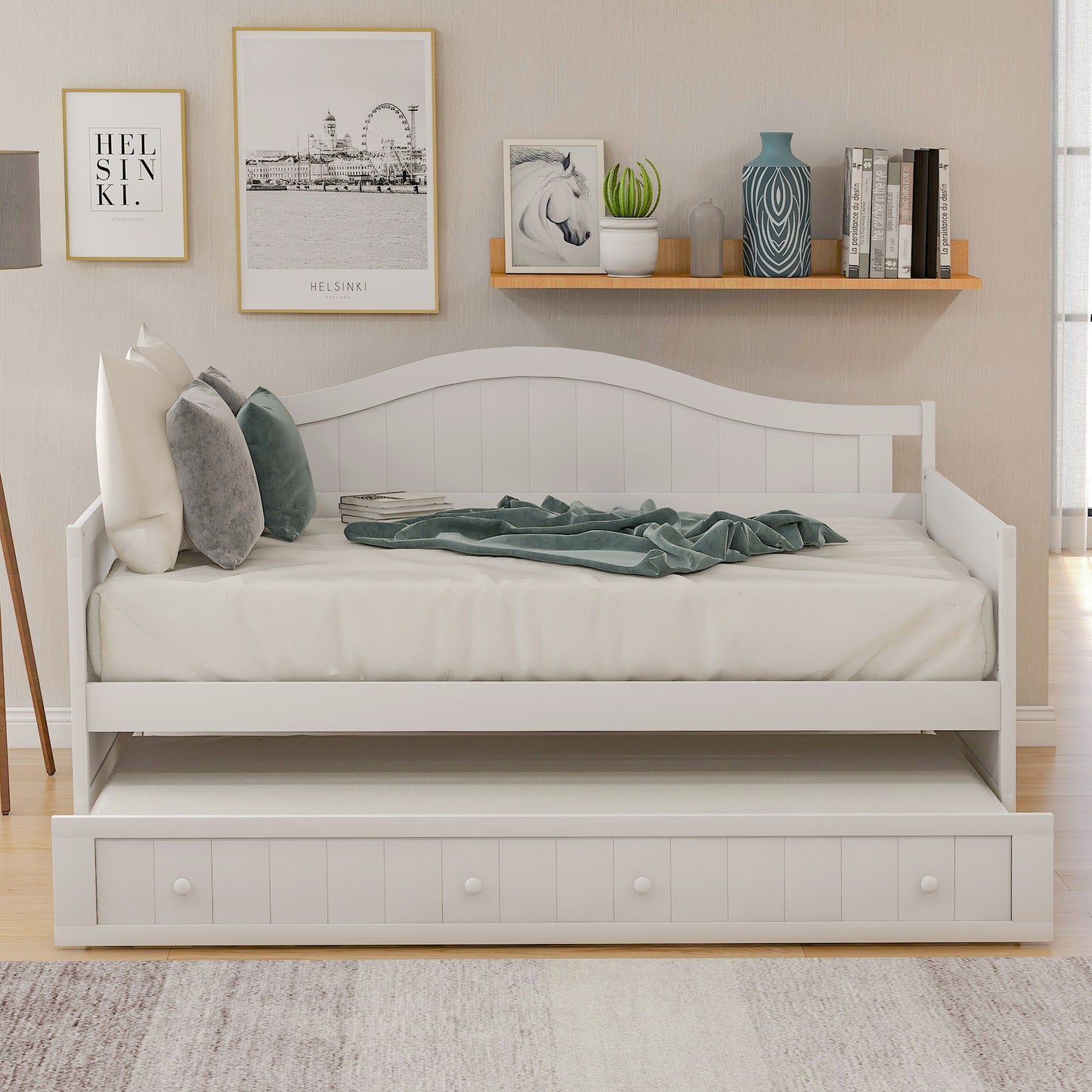 Twin Wooden Daybed with Trundle Bed,Sofa Bed for Bedroom Living Room,White