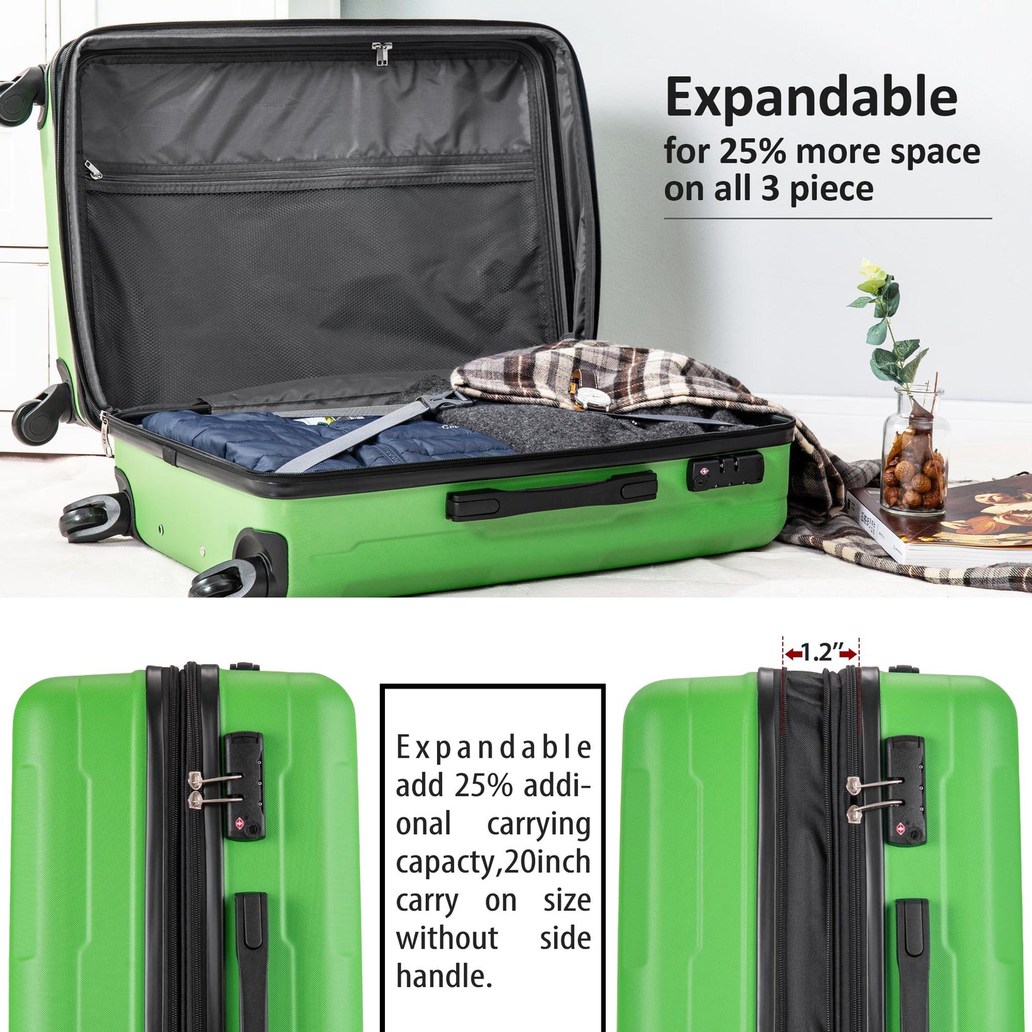 Expanable Spinner Wheel 3 Piece Luggage Set ABS Lightweight Suitcase with TSA Lock