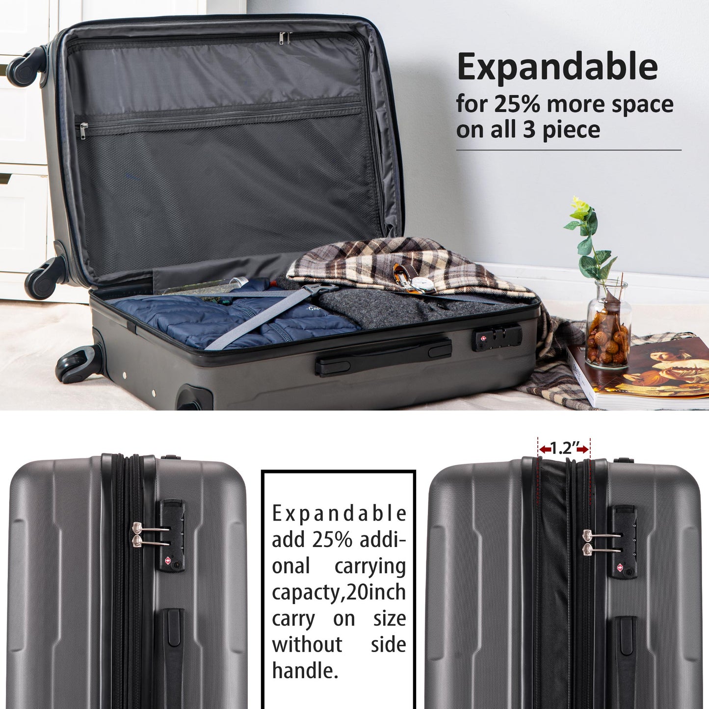 Expanable Spinner Wheel 3 Piece Luggage Set ABS Lightweight Suitcase with TSA Lock