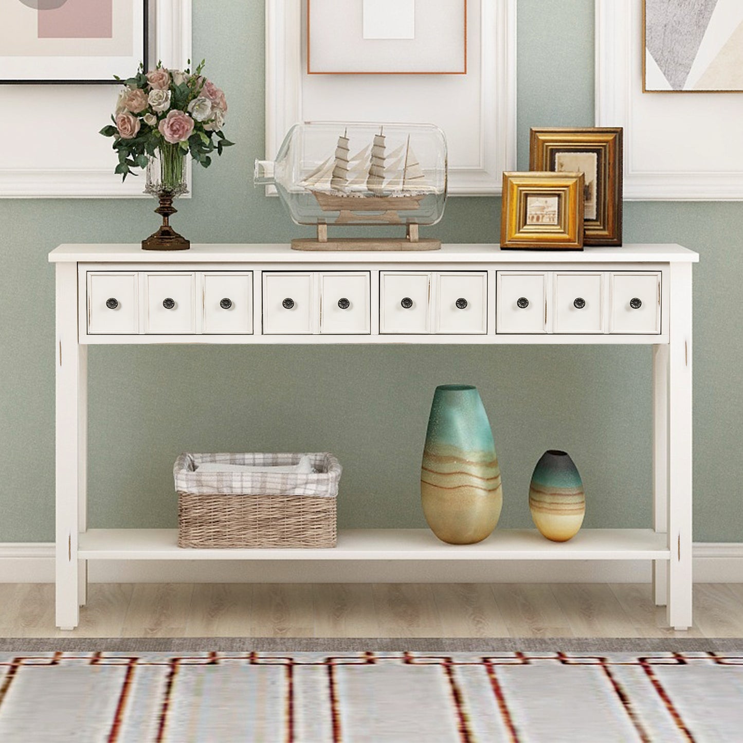 Rustic Entryway Console Table,  Long with two Different Size Drawers and Bottom Shelf for Storage (Antique White)