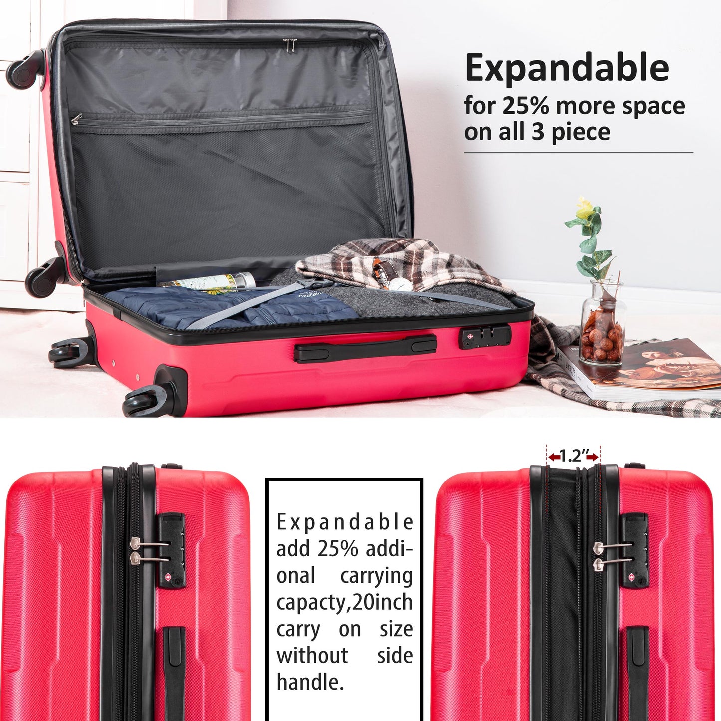 Expanable Spinner Wheel 3 Piece Luggage Set ABS Lightweight Suitcase with TSA Lock