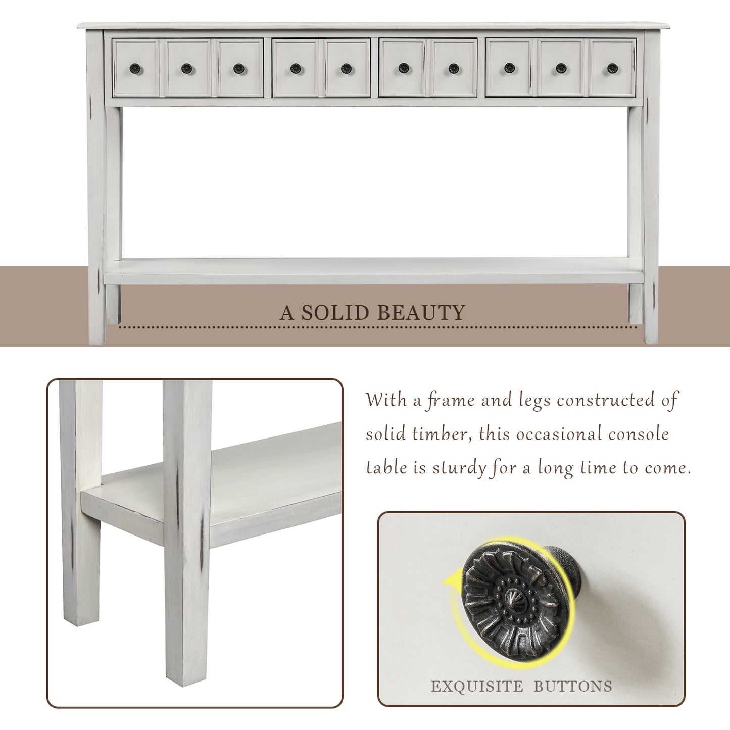 Rustic Entryway Console Table,  Long with two Different Size Drawers and Bottom Shelf for Storage (Antique White)