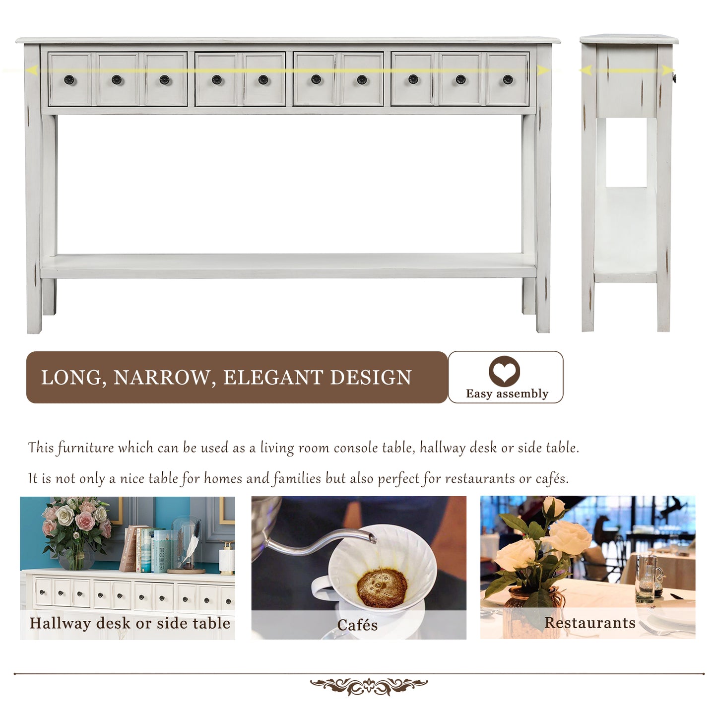 Rustic Entryway Console Table,  Long with two Different Size Drawers and Bottom Shelf for Storage (Antique White)