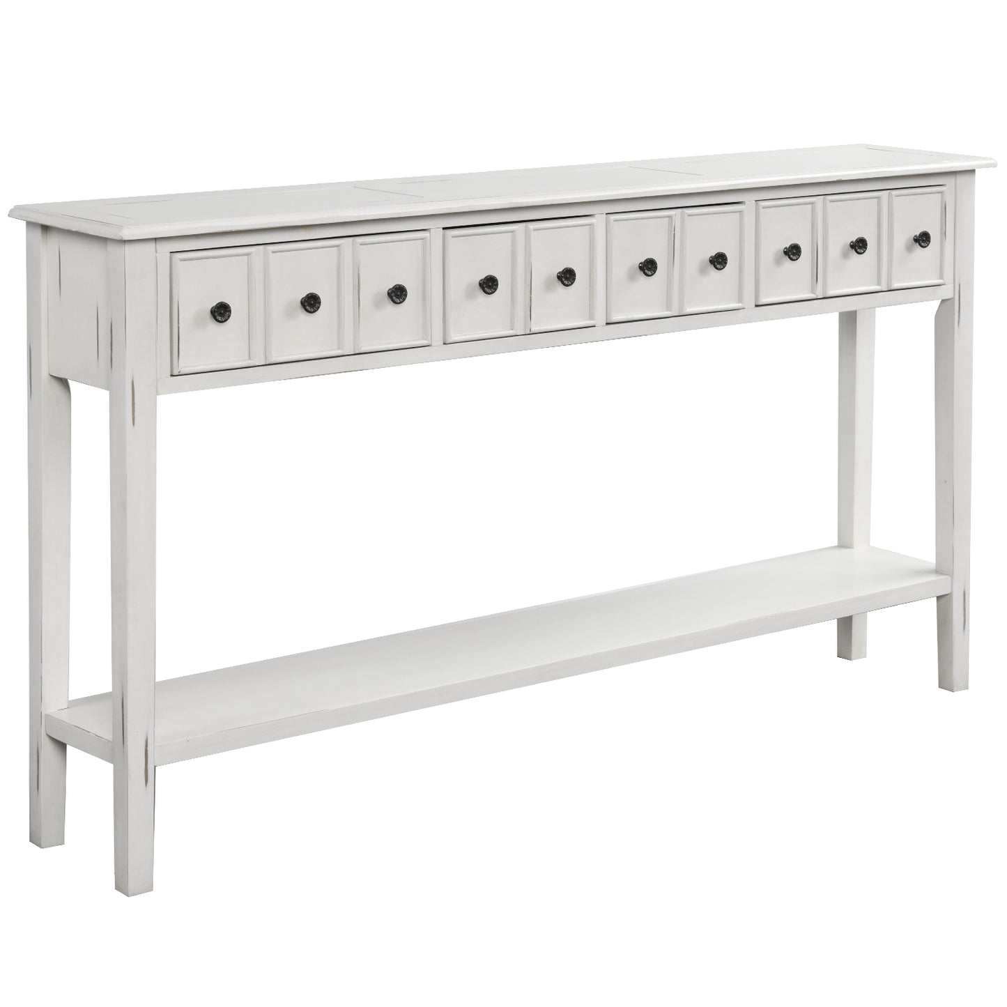 Rustic Entryway Console Table,  Long with two Different Size Drawers and Bottom Shelf for Storage (Antique White)