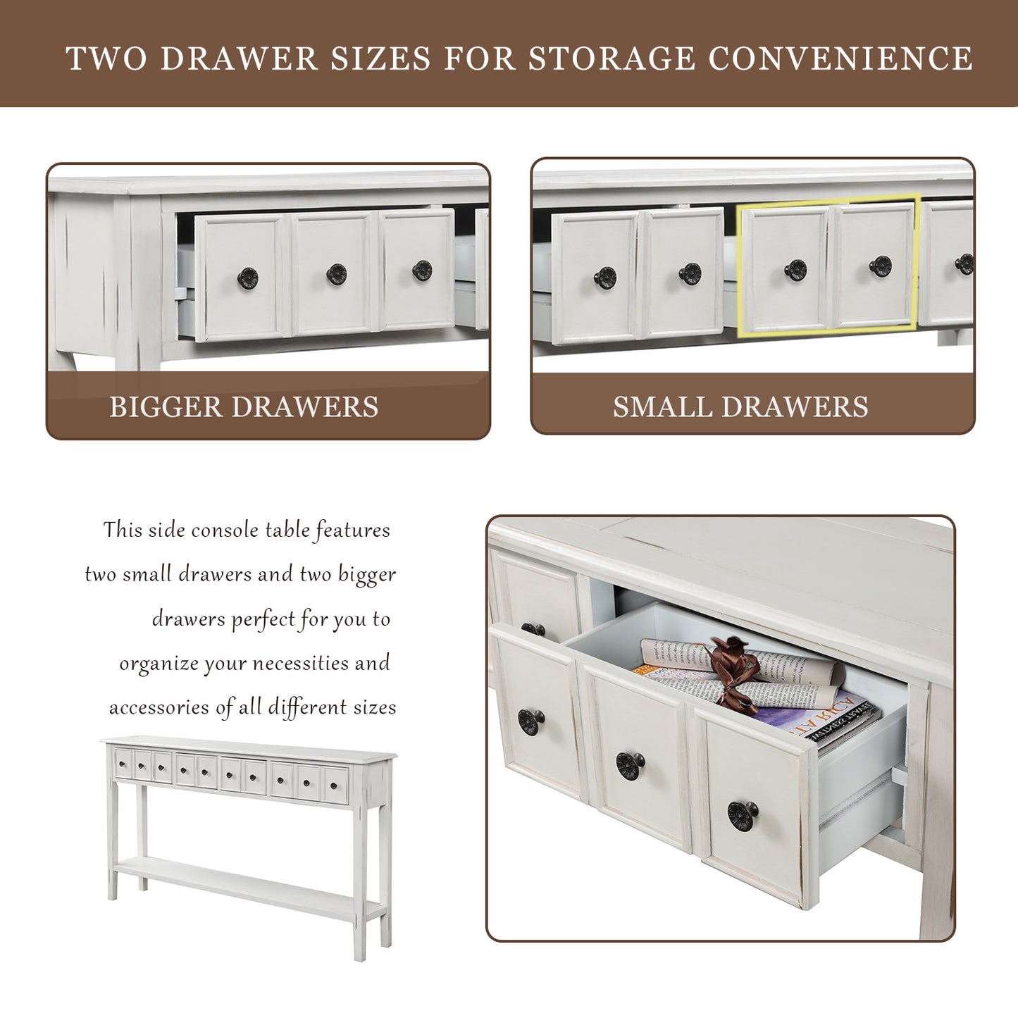 Rustic Entryway Console Table,  Long with two Different Size Drawers and Bottom Shelf for Storage (Antique White)