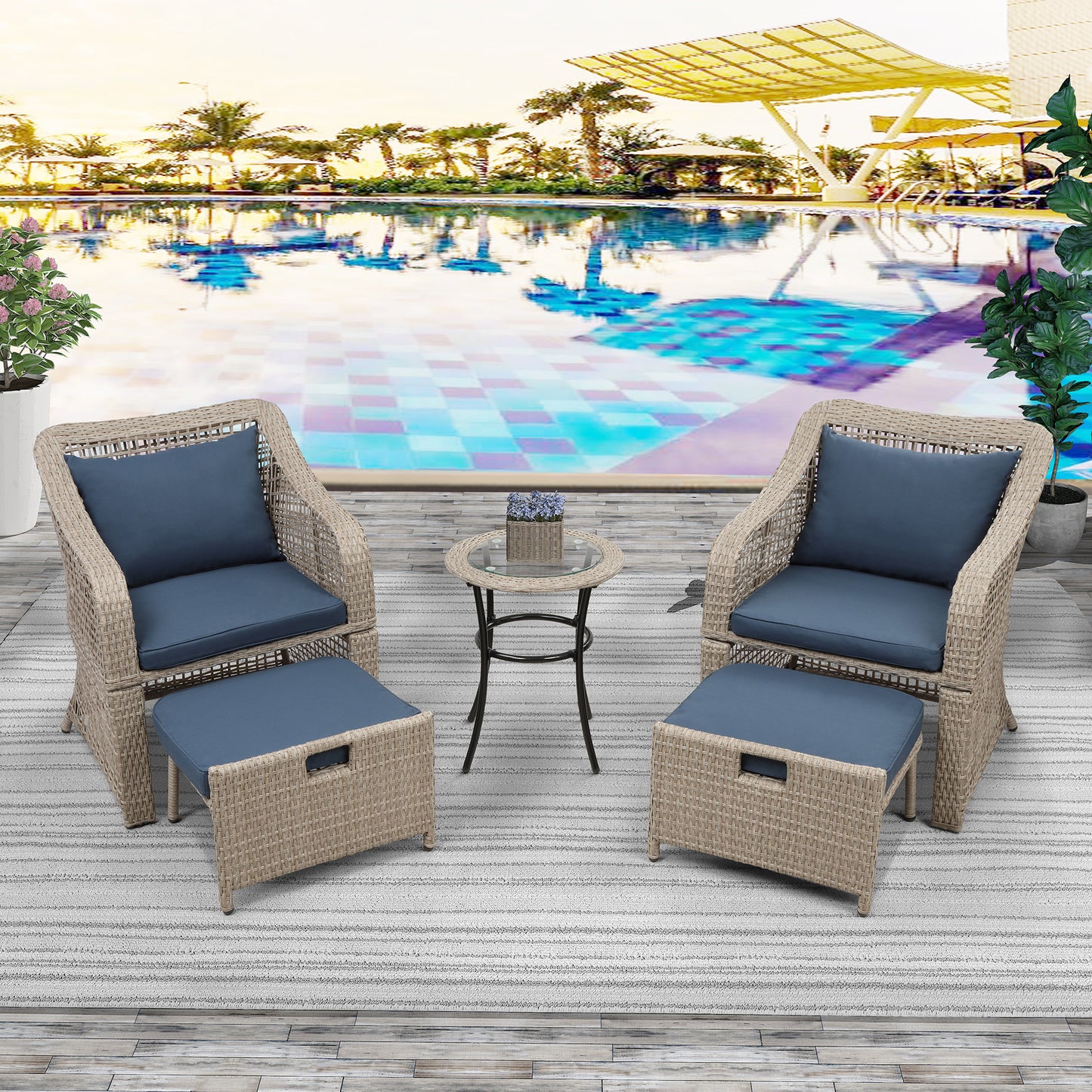 5-piece Outdoor Conversation Set Patio Furniture Set Bistro Set Rattan Wicker Chairs with Stools and Tempered Glass Table