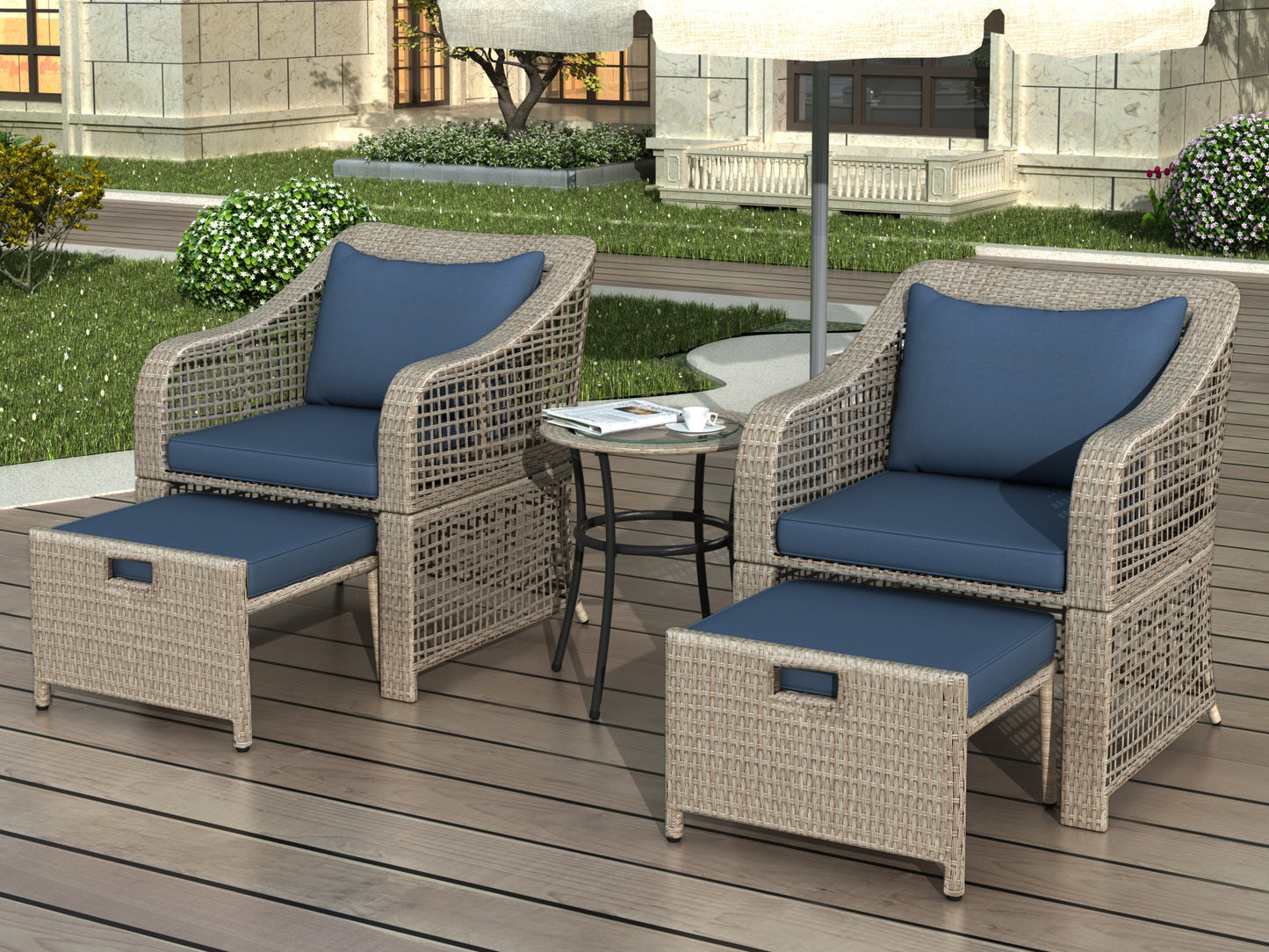 5-piece Outdoor Conversation Set Patio Furniture Set Bistro Set Rattan Wicker Chairs with Stools and Tempered Glass Table